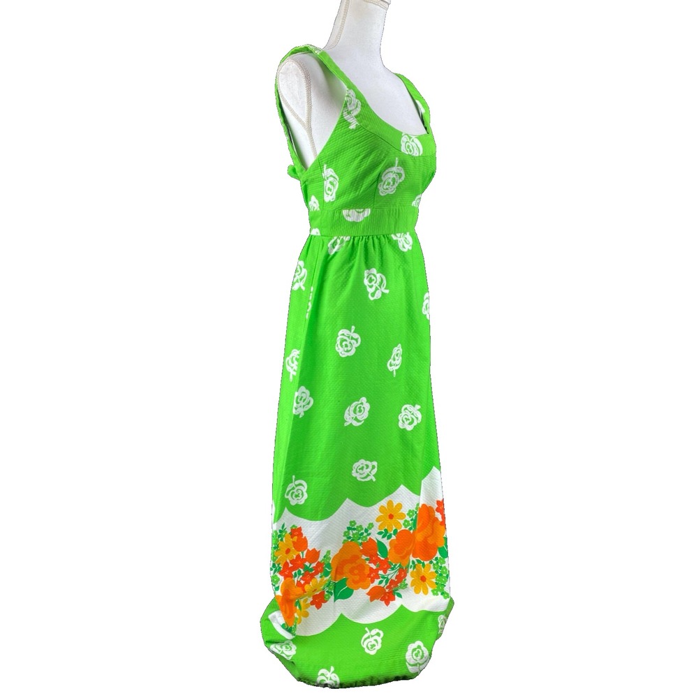 70s Malia Vtg Honolulu Green Neon Rainbow Island Hawaiian Maxi Dress Boho Floral - Picture 6 of 16